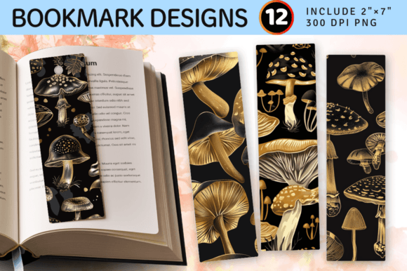 Download Black Gold Mushrooms PNG Bookmark Design - Premium Bundle