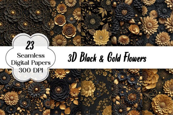 Download 3D Black &amp; Gold Flowers Seamless Digital - Premium Resources
